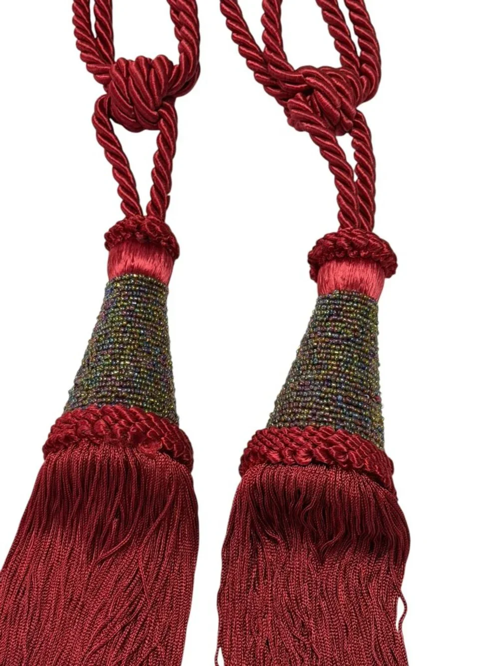 Pair of Vintage Burgundy Beaded Curtain Tiebacks Decorative Tassel Drapery Holdb